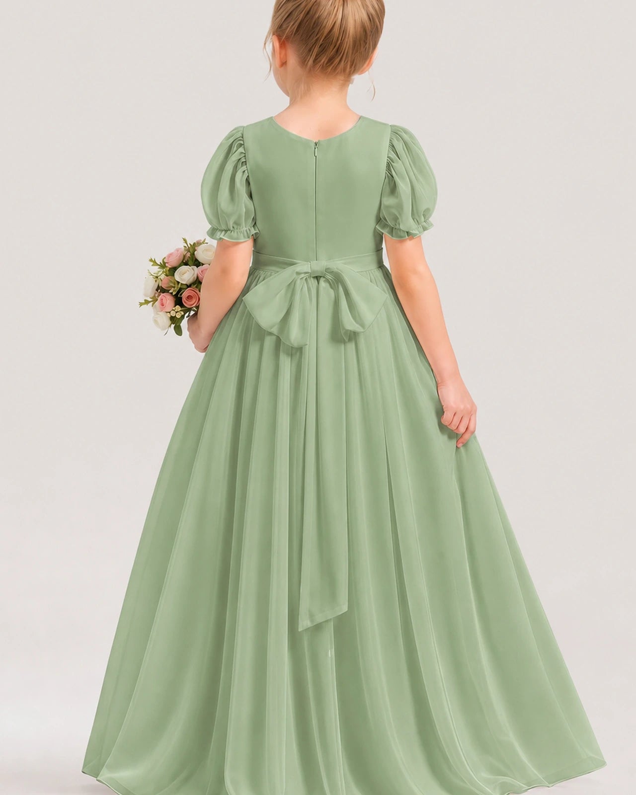 Sage Green Chiffon Puff Sleeve A-Line Flower Girl Dresses Back View
