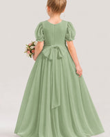 Sage Green Chiffon Puff Sleeve A-Line Flower Girl Dresses Back View