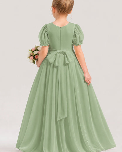 Sage Green Chiffon Puff Sleeve A-Line Flower Girl Dresses Back View