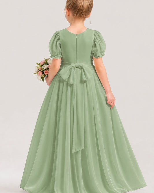 Sage Green Chiffon Puff Sleeve A-Line Flower Girl Dresses Back View