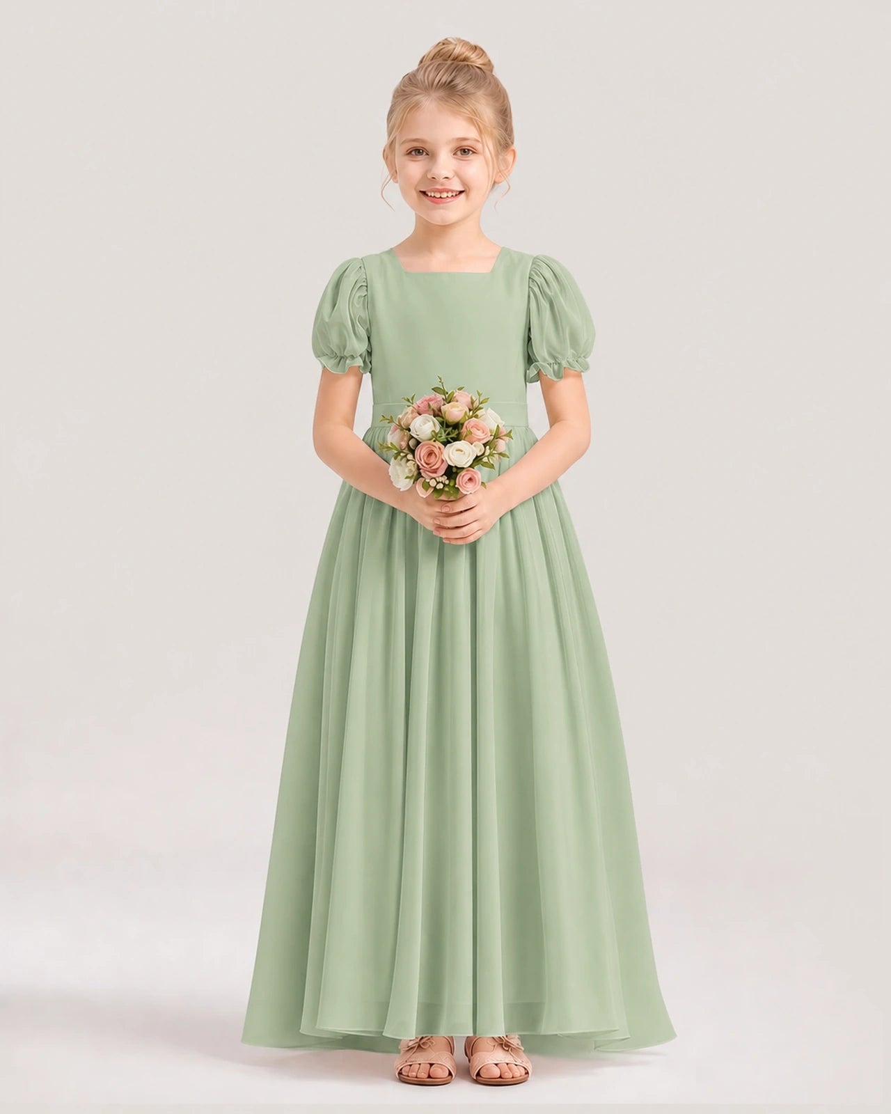 Sage green chiffon A-line flower girl dresses front view