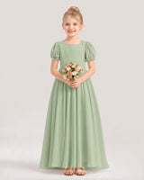 Sage green chiffon A-line flower girl dresses front view