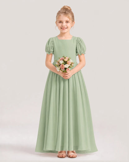 Sage green chiffon A-line flower girl dresses front view