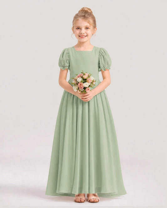 Sage green chiffon A-line flower girl dresses front view