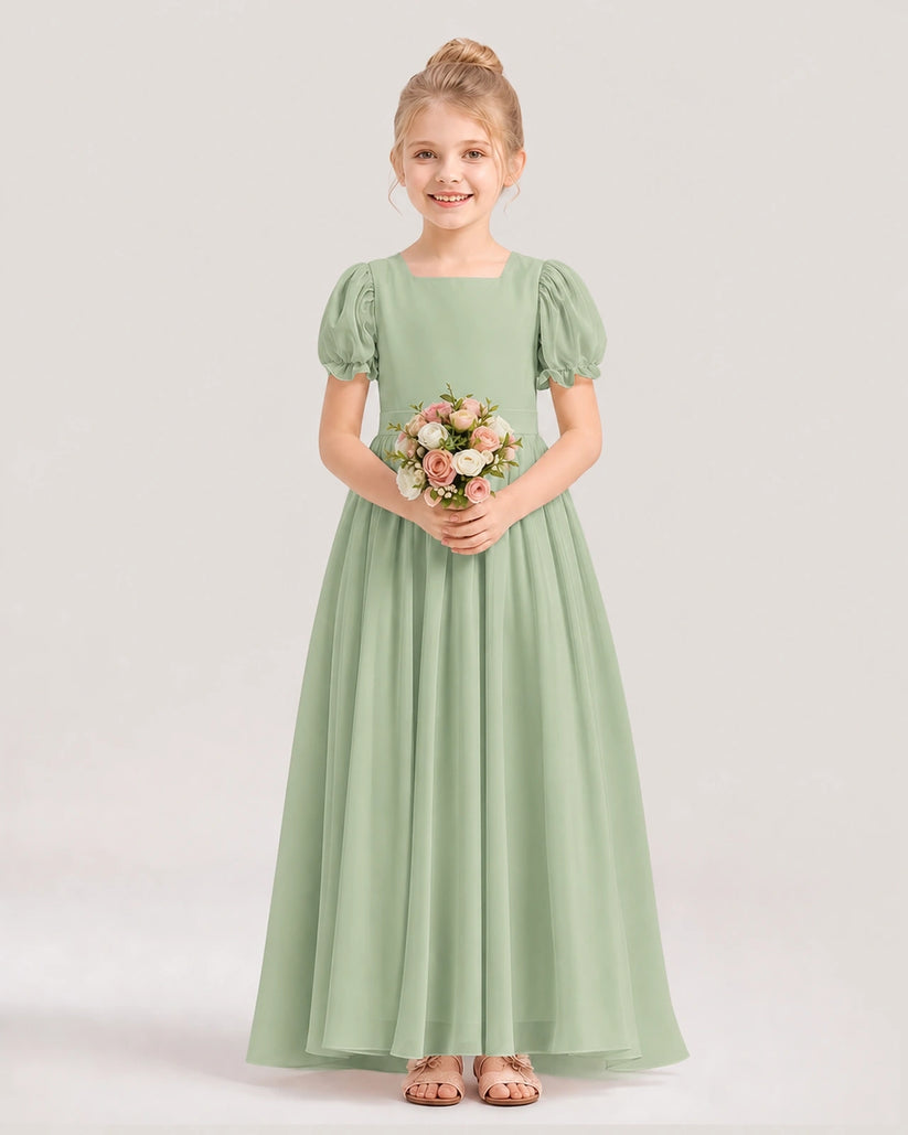 Sage green chiffon A-line flower girl dresses front view