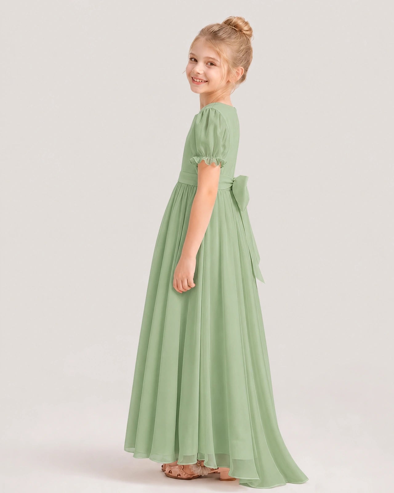 Sage Green Chiffon A-Line Flower Girl Dresses Side View