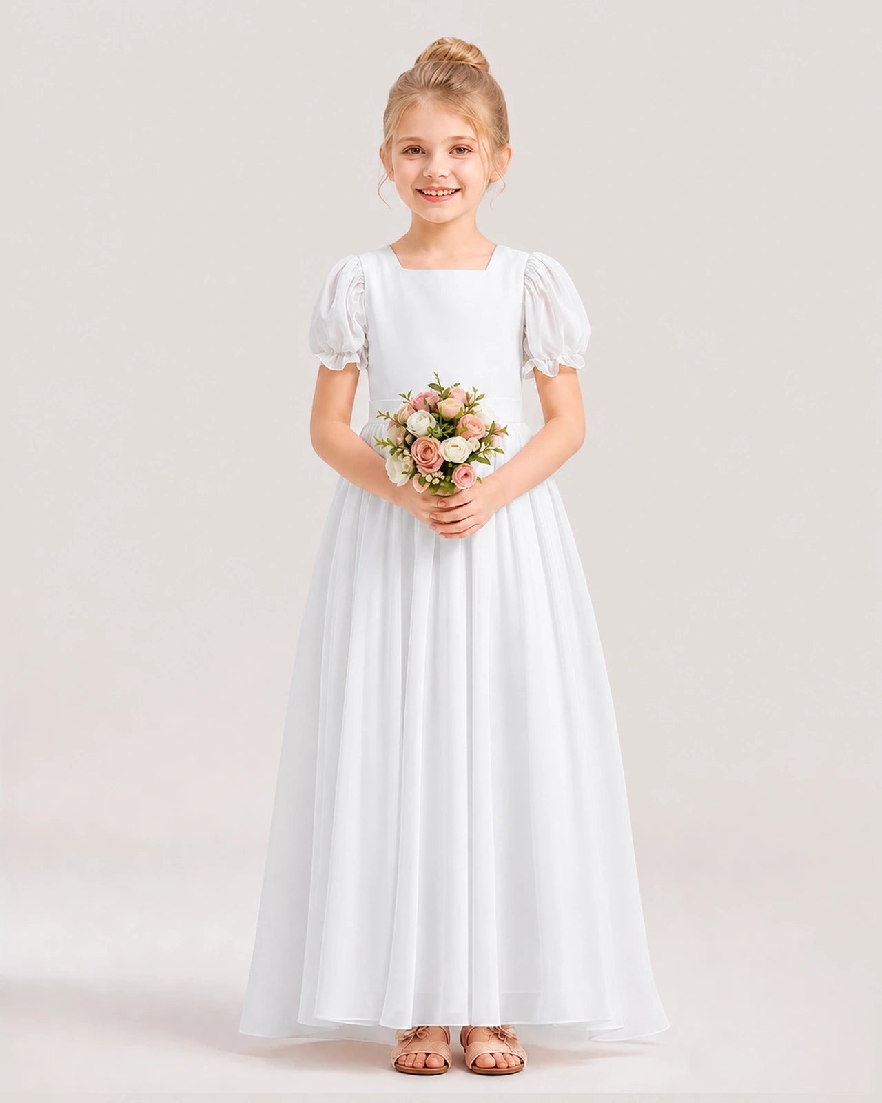 White Chiffon A-Line Flower Girl Dresses Front View