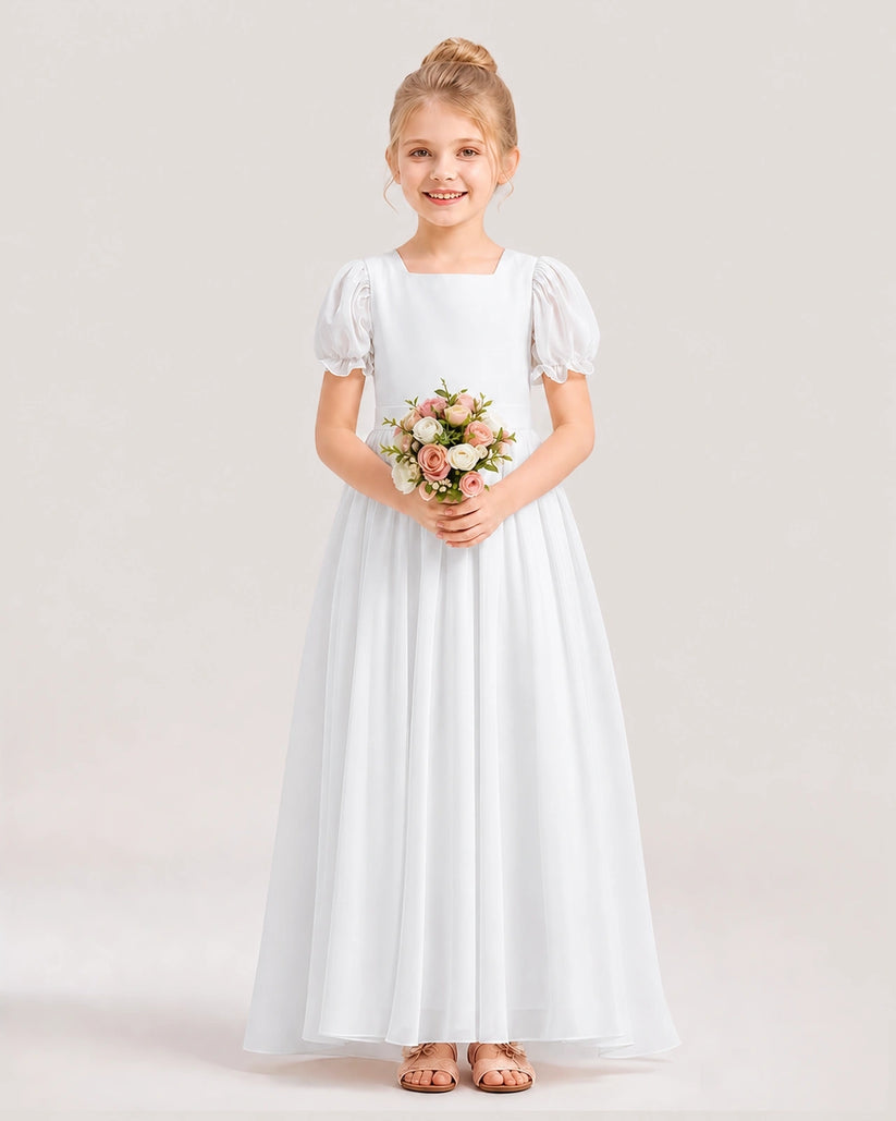 White Chiffon A-Line Flower Girl Dresses Front View