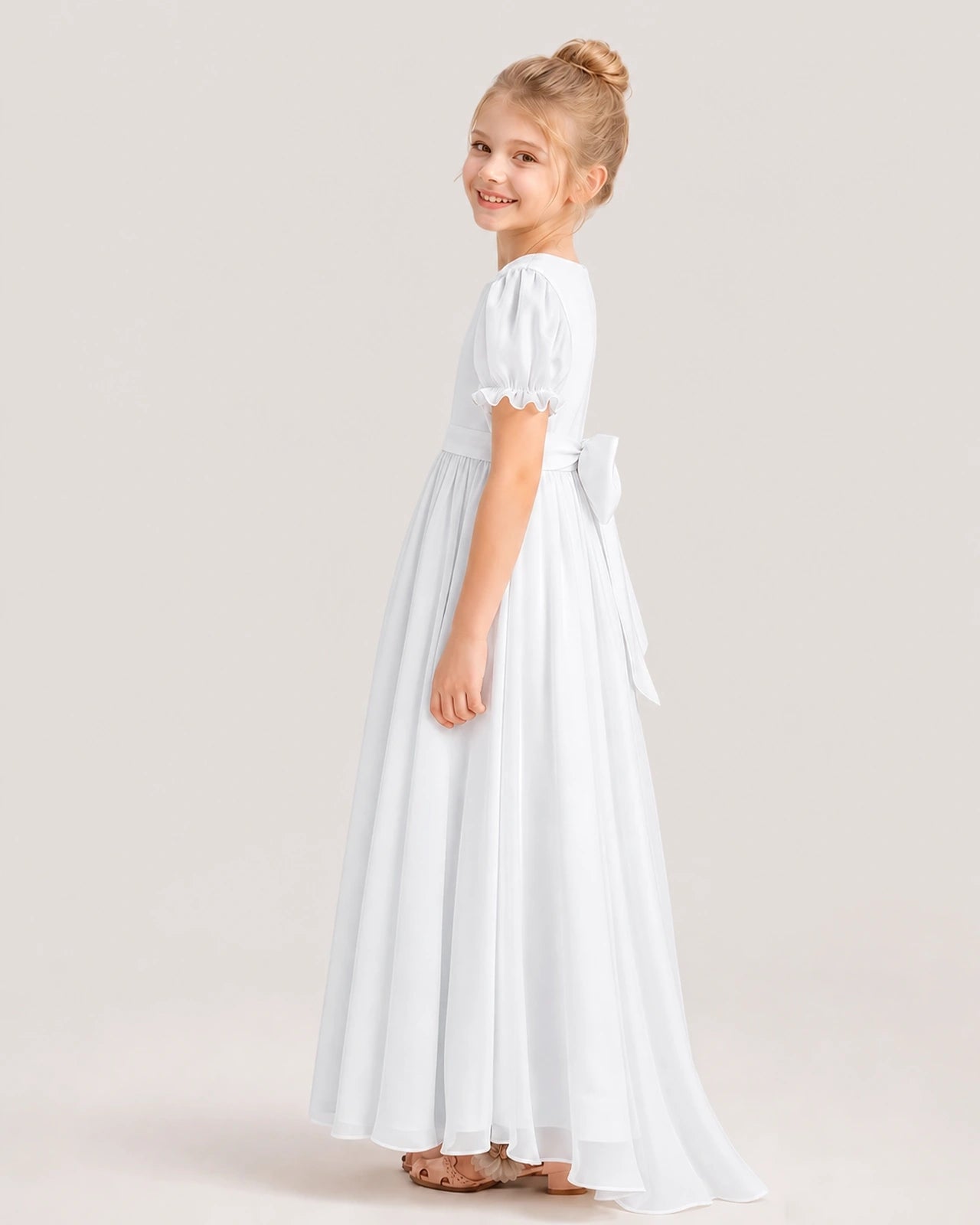 White Chiffon A-Line Flower Girl Dresses Side View