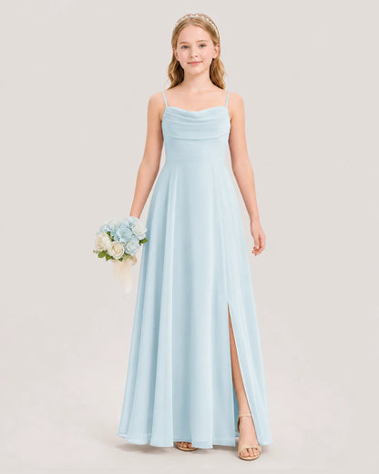 Dideyttawl Cowl Neck Chiffon Junior Bridesmaid Dress with Side Slit and Back Bow