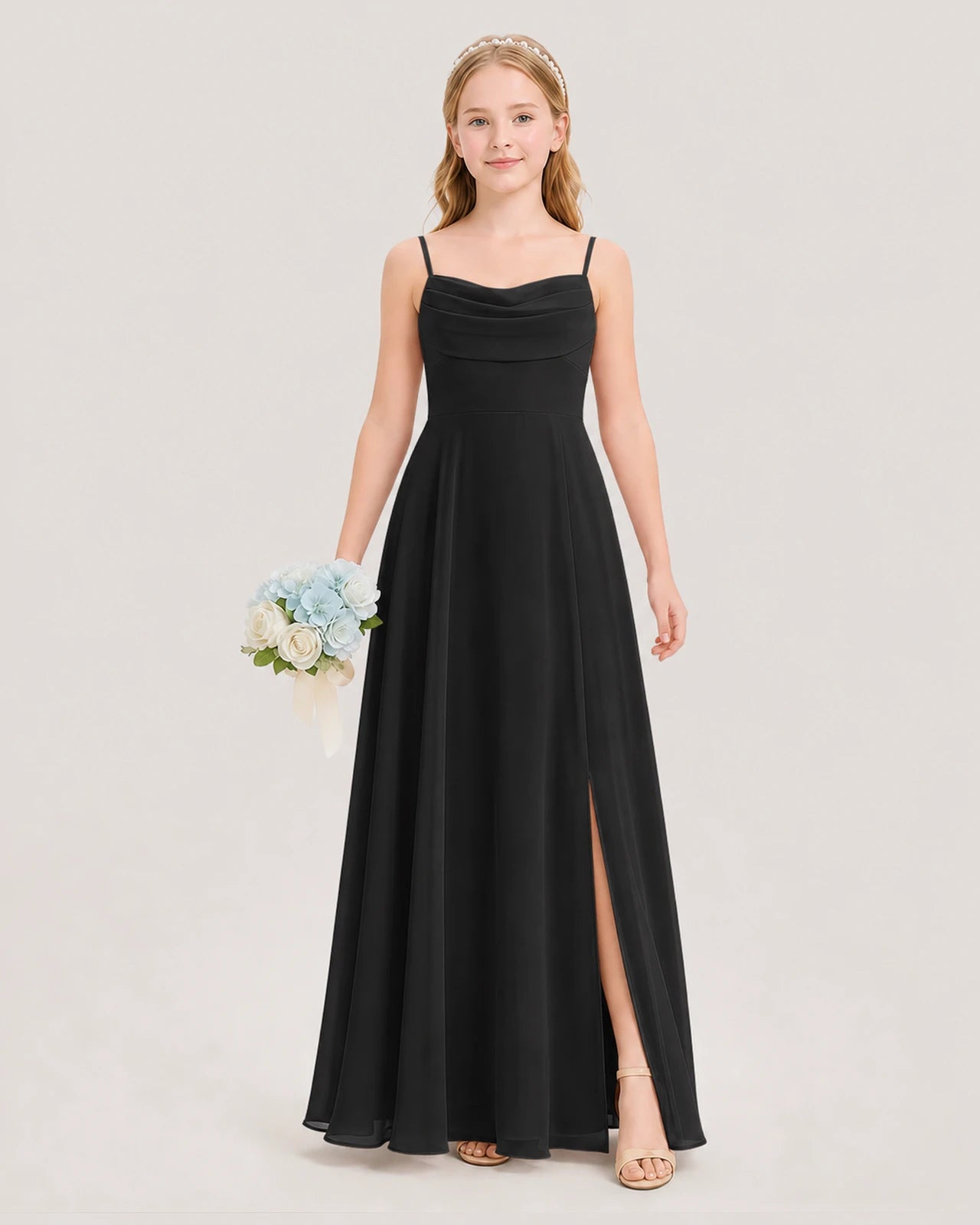 Dideyttawl Cowl Neck Chiffon Junior Bridesmaid Dress with Side Slit and Back Bow