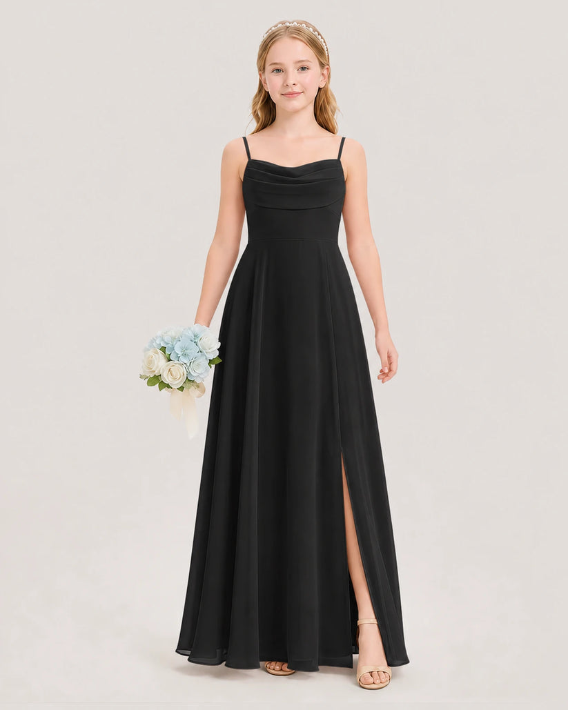 Black Chiffon Cowl Neck A Line Junior Bridesmaid Dresses Front View