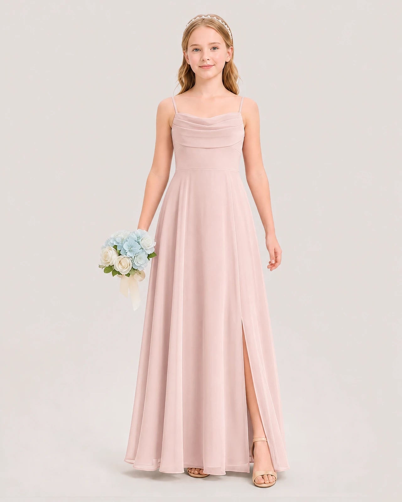 Dideyttawl Cowl Neck Chiffon Junior Bridesmaid Dress with Side Slit and Back Bow