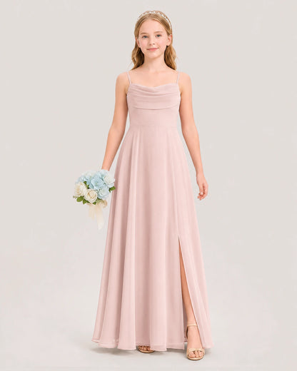Dideyttawl Cowl Neck Chiffon Junior Bridesmaid Dress with Side Slit and Back Bow