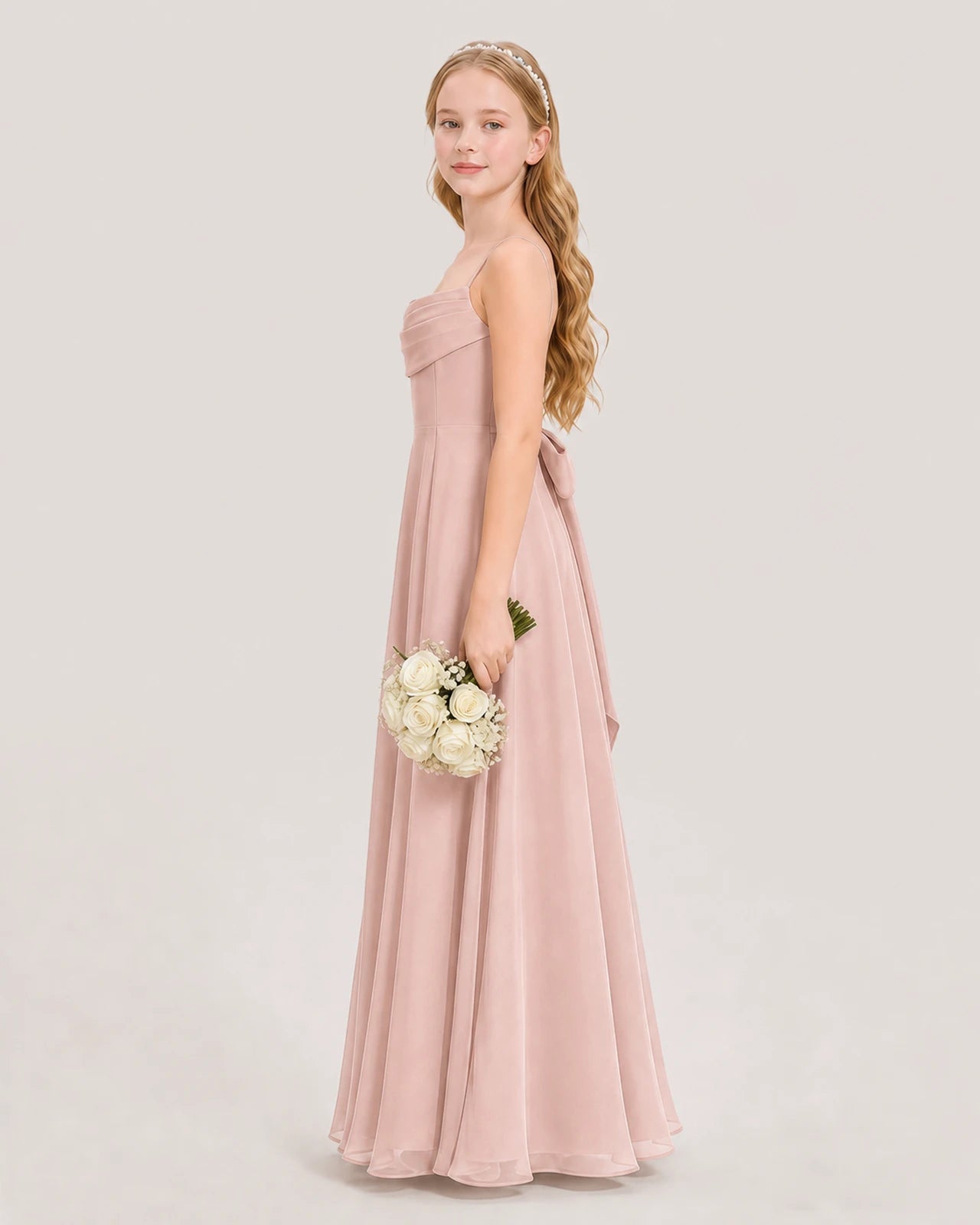 Dideyttawl Cowl Neck Chiffon Junior Bridesmaid Dress with Side Slit and Back Bow