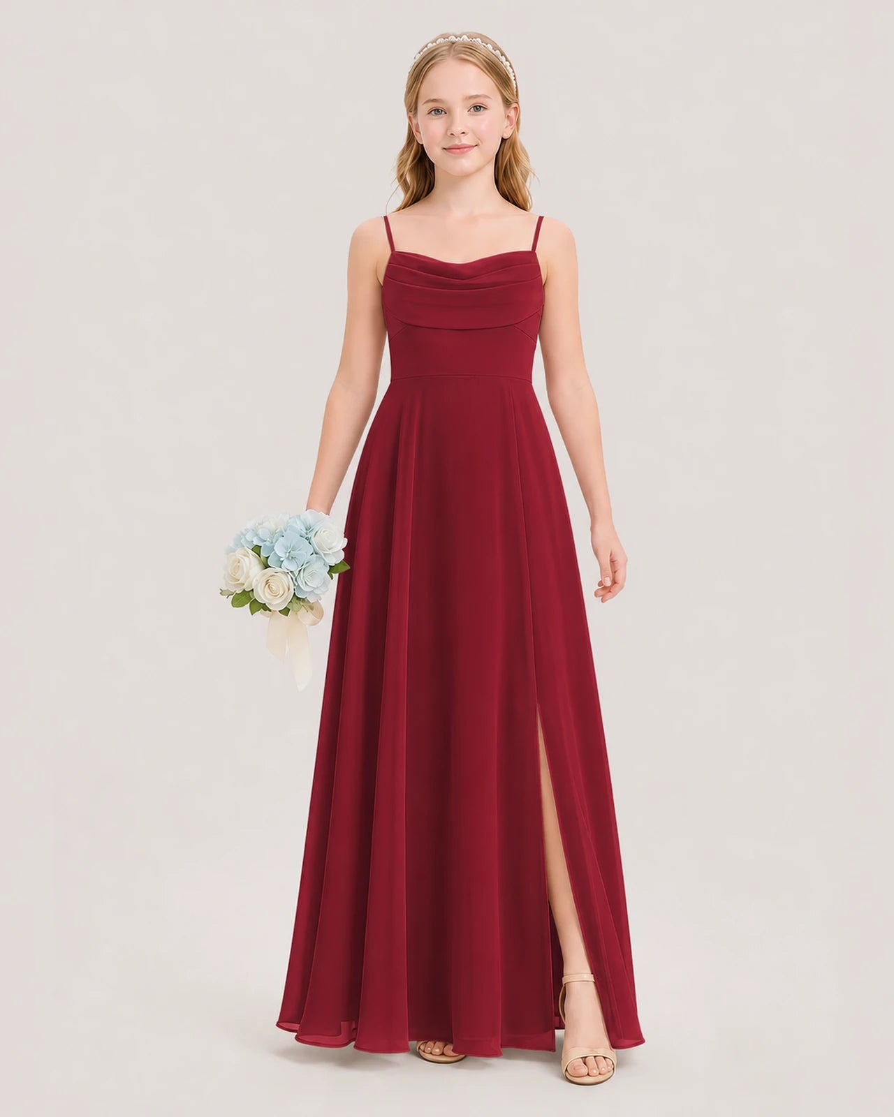 Dideyttawl Cowl Neck Chiffon Junior Bridesmaid Dress with Side Slit and Back Bow