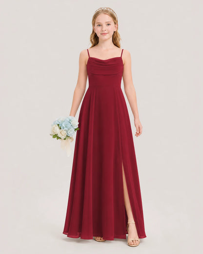 Dideyttawl Cowl Neck Chiffon Junior Bridesmaid Dress with Side Slit and Back Bow