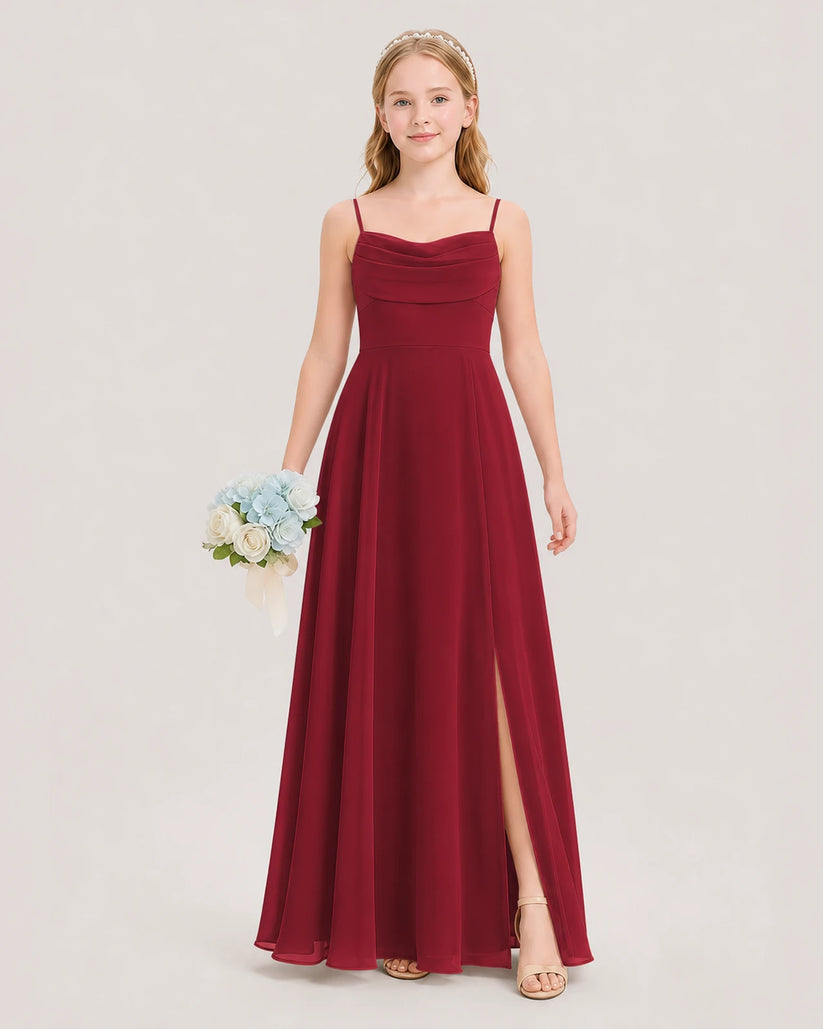Burgundy Chiffon Cowl Neck Junior Bridesmaid Dresses Front View