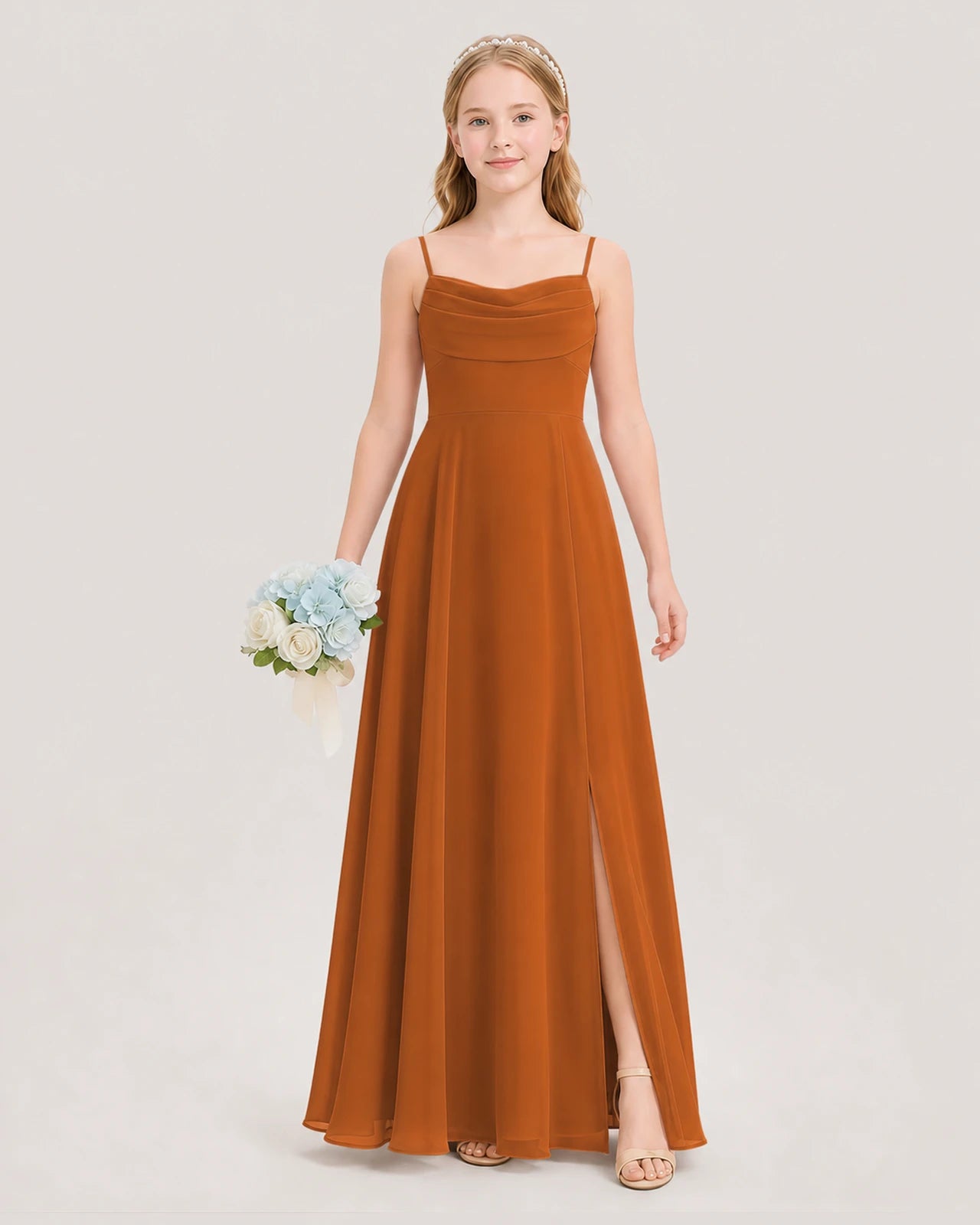 Dideyttawl Cowl Neck Chiffon Junior Bridesmaid Dress with Side Slit and Back Bow
