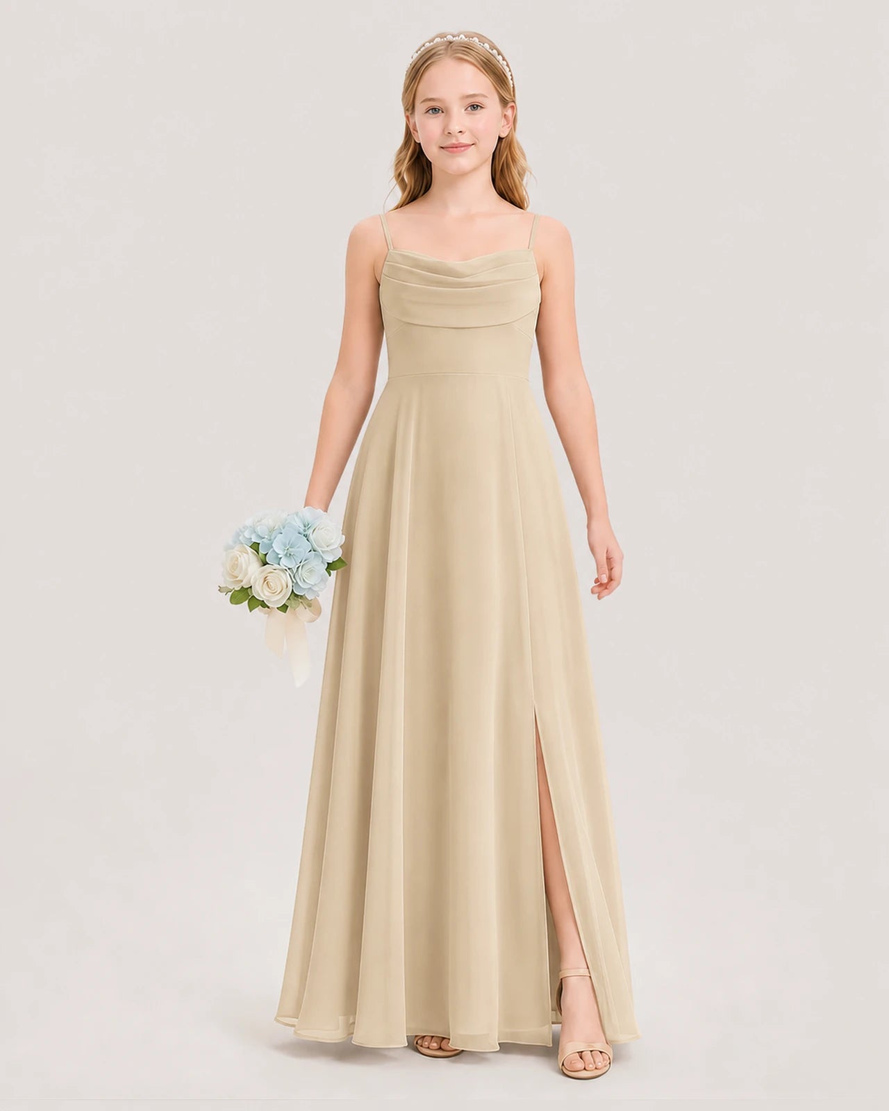 Dideyttawl Cowl Neck Chiffon Junior Bridesmaid Dress with Side Slit and Back Bow