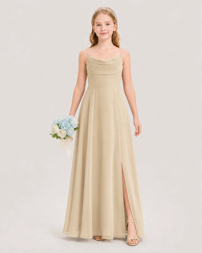 Dideyttawl Cowl Neck Chiffon Junior Bridesmaid Dress with Side Slit and Back Bow
