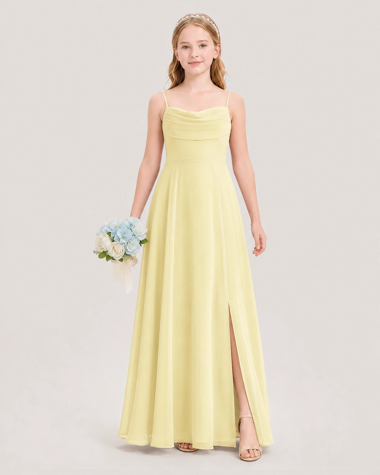 Dideyttawl Cowl Neck Chiffon Junior Bridesmaid Dress with Side Slit and Back Bow