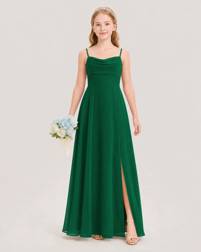 Dideyttawl Cowl Neck Chiffon Junior Bridesmaid Dress with Side Slit and Back Bow