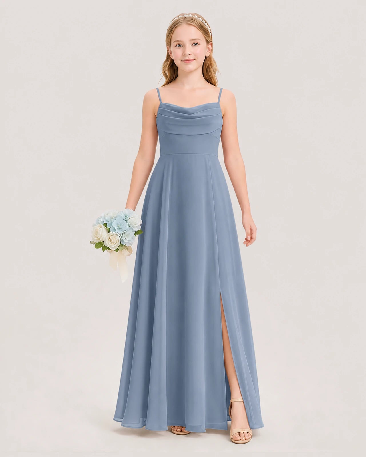 Dideyttawl Cowl Neck Chiffon Junior Bridesmaid Dress with Side Slit and Back Bow