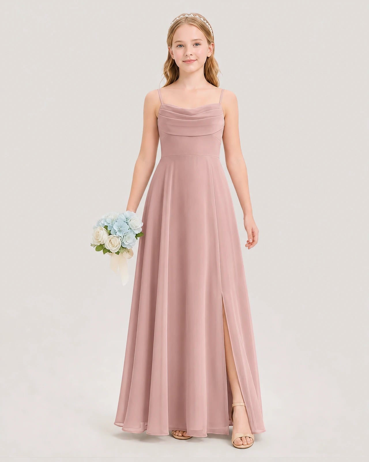 Dideyttawl Cowl Neck Chiffon Junior Bridesmaid Dress with Side Slit and Back Bow