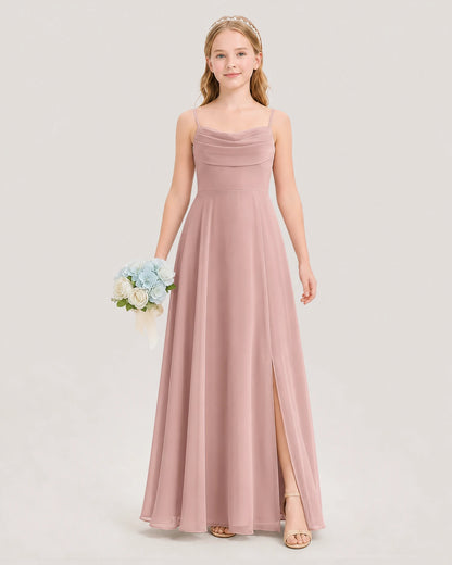 Dideyttawl Cowl Neck Chiffon Junior Bridesmaid Dress with Side Slit and Back Bow