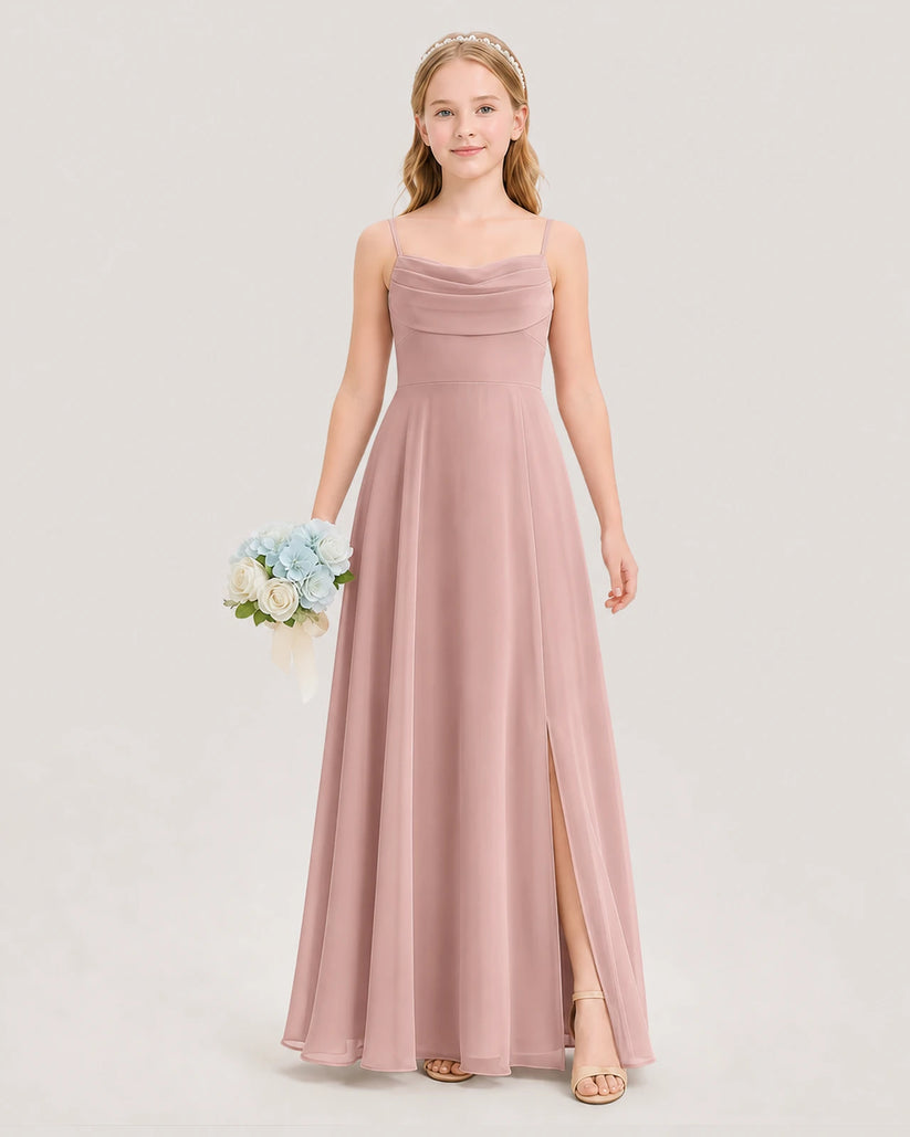 Dusty Rose Chiffon Cowl Neck A-Line Junior Bridesmaid Dress Front View