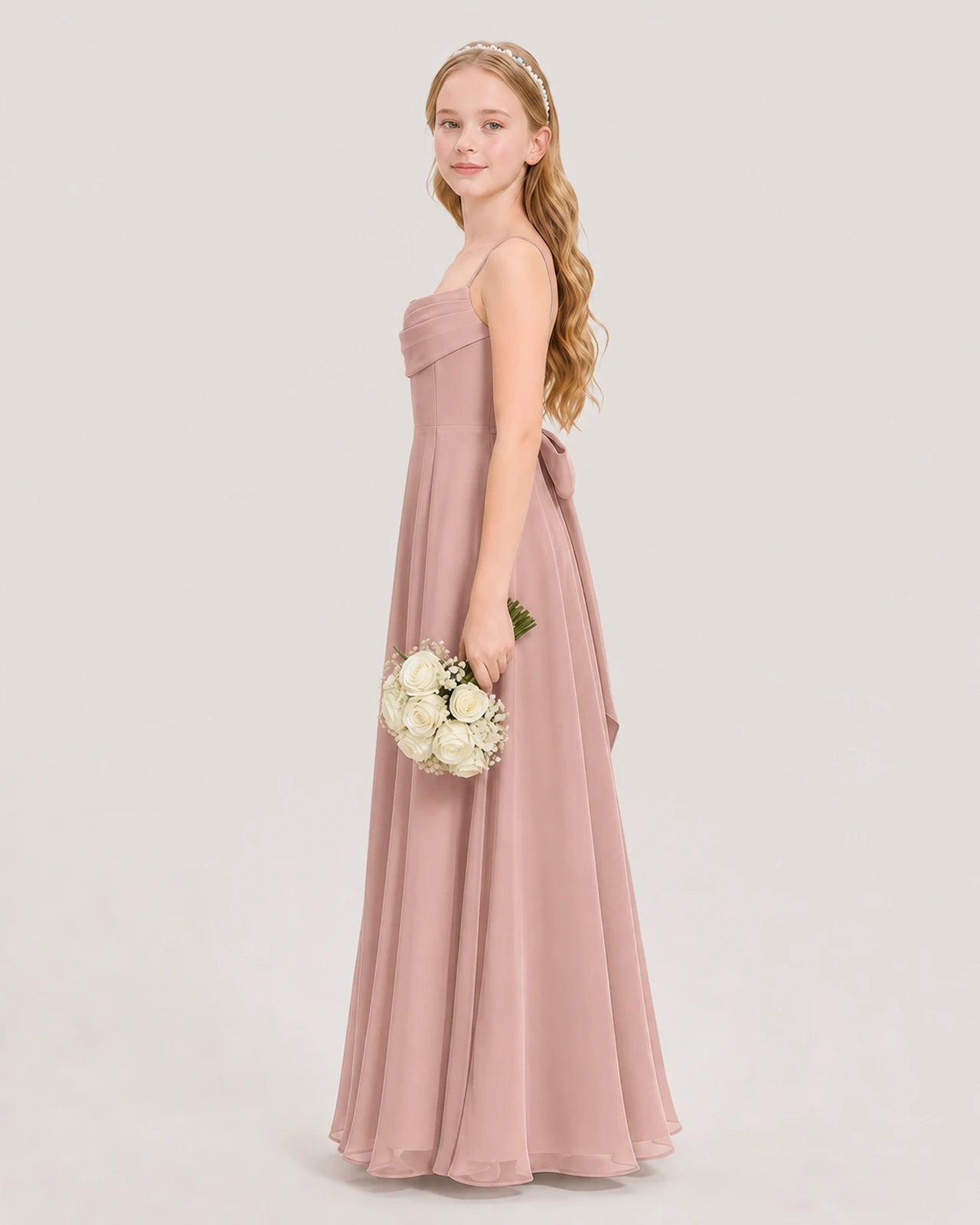 Dideyttawl Cowl Neck Chiffon Junior Bridesmaid Dress with Side Slit and Back Bow