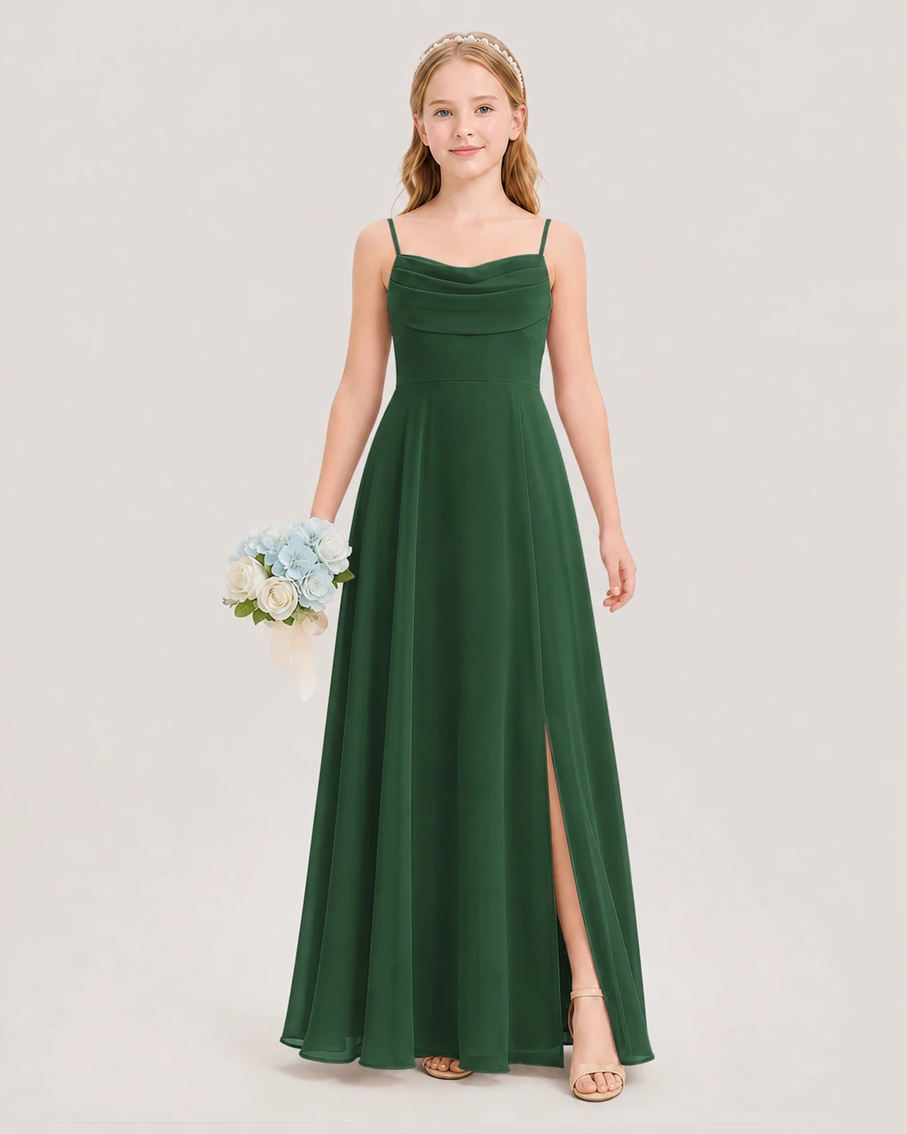 Dideyttawl Cowl Neck Chiffon Junior Bridesmaid Dress with Side Slit and Back Bow