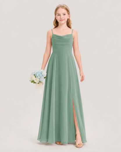 Dideyttawl Cowl Neck Chiffon Junior Bridesmaid Dress with Side Slit and Back Bow