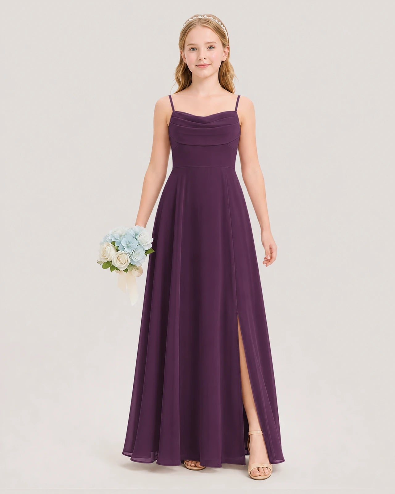 Dideyttawl Cowl Neck Chiffon Junior Bridesmaid Dress with Side Slit and Back Bow