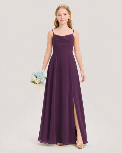 Dideyttawl Cowl Neck Chiffon Junior Bridesmaid Dress with Side Slit and Back Bow