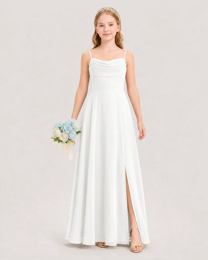 Dideyttawl Cowl Neck Chiffon Junior Bridesmaid Dress with Side Slit and Back Bow