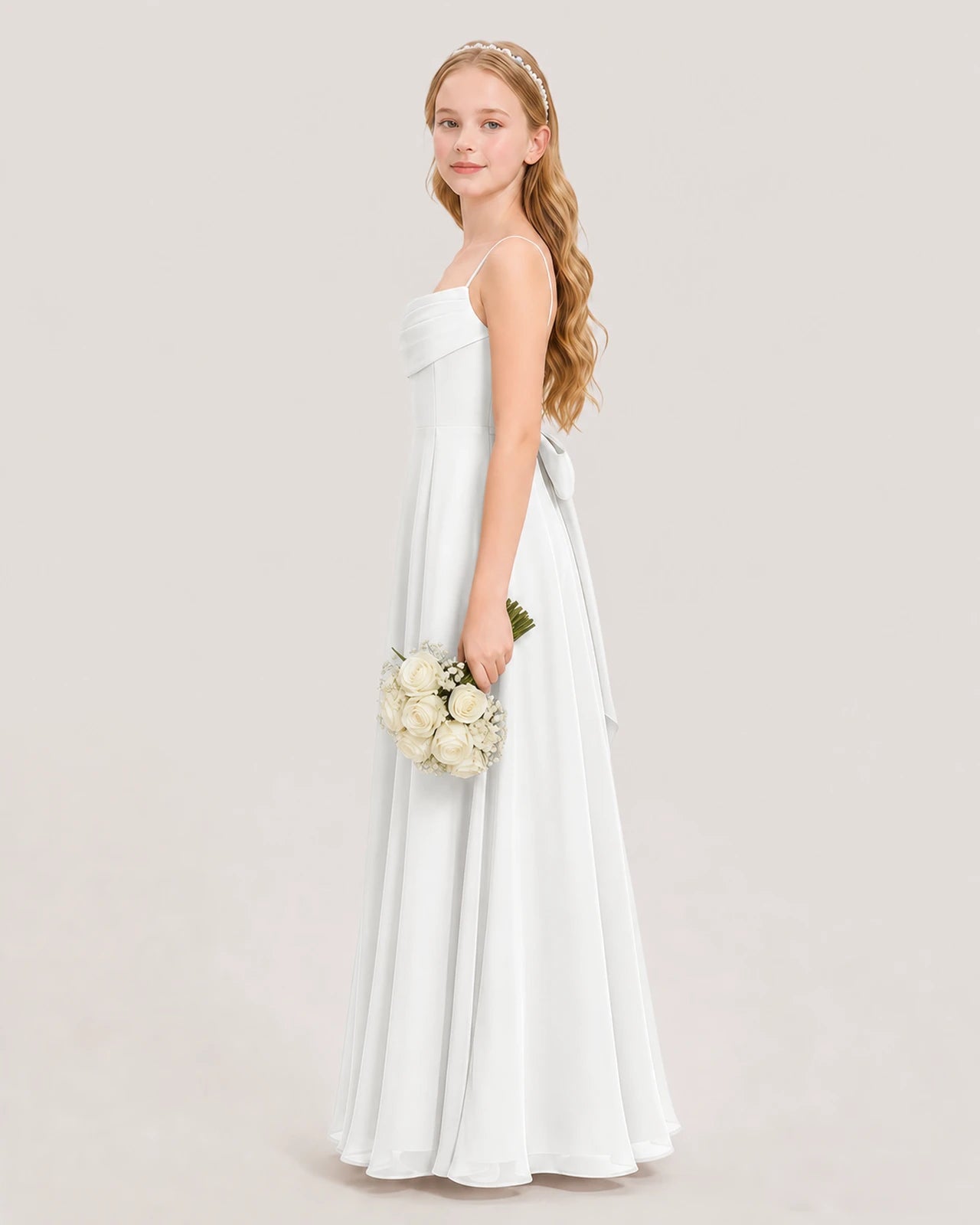 Dideyttawl Cowl Neck Chiffon Junior Bridesmaid Dress with Side Slit and Back Bow