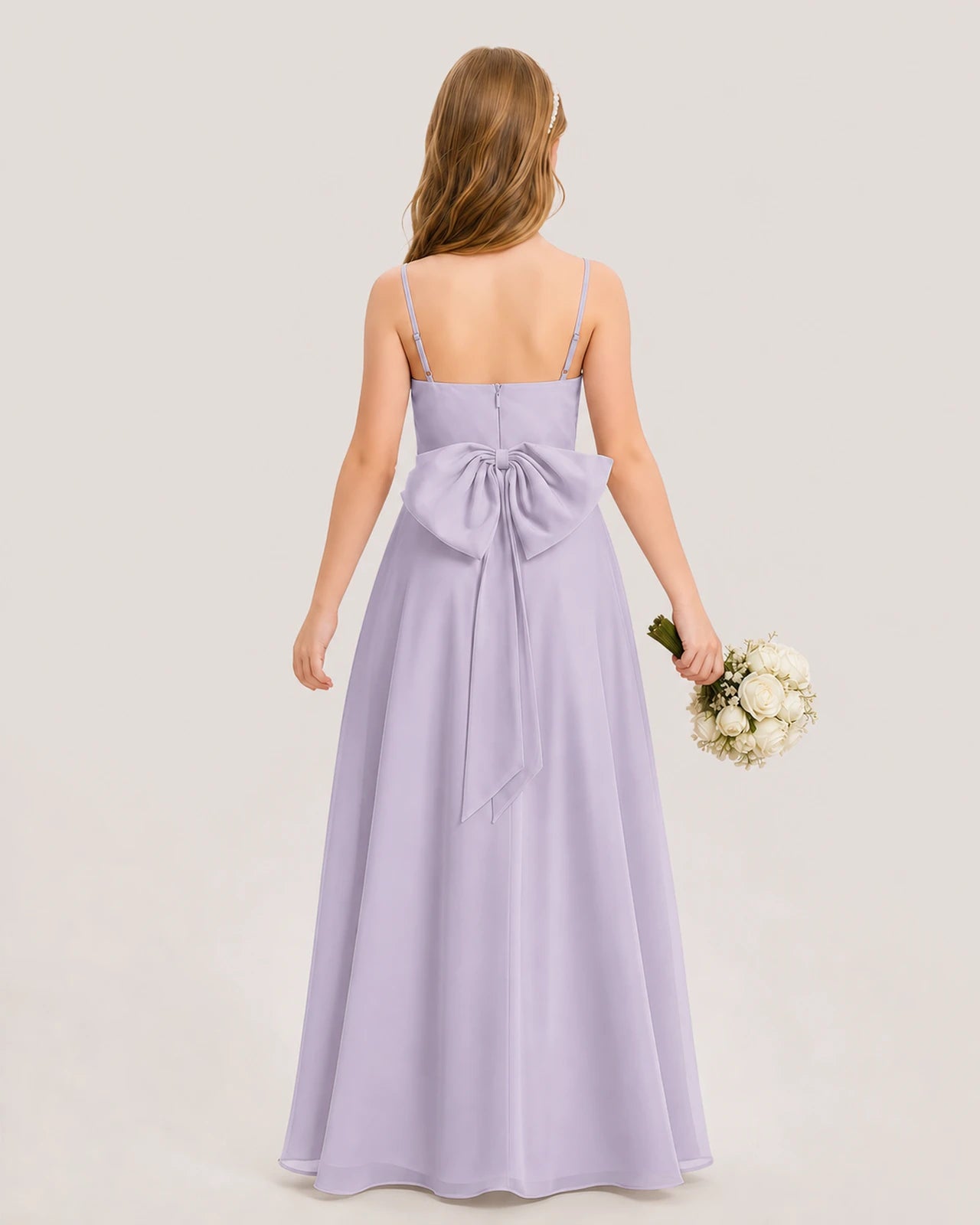 Dideyttawl Cowl Neck Chiffon Junior Bridesmaid Dress with Side Slit and Back Bow