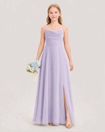 Dideyttawl Cowl Neck Chiffon Junior Bridesmaid Dress with Side Slit and Back Bow