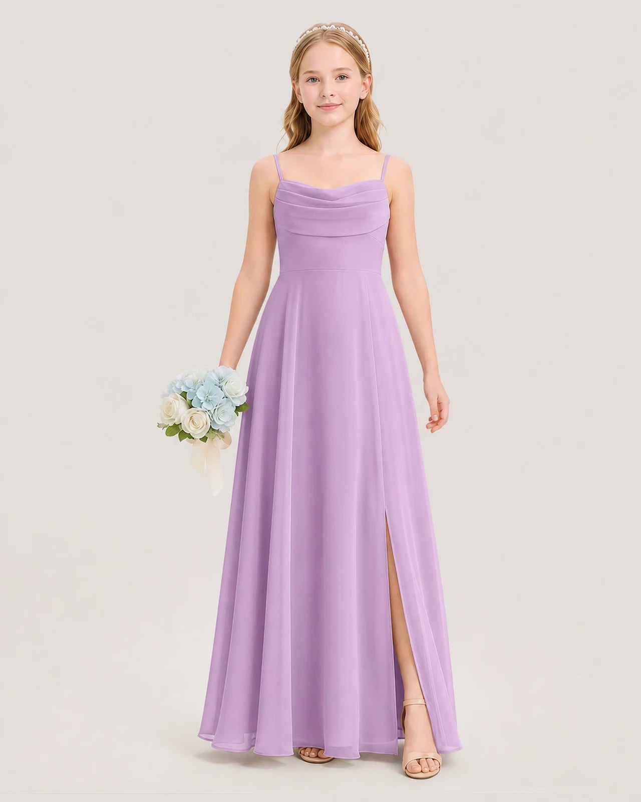 Dideyttawl Cowl Neck Chiffon Junior Bridesmaid Dress with Side Slit and Back Bow
