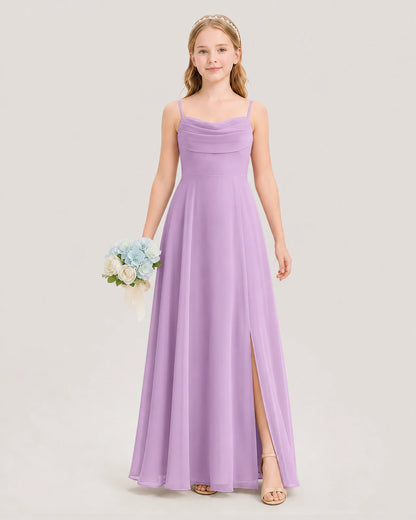 Dideyttawl Cowl Neck Chiffon Junior Bridesmaid Dress with Side Slit and Back Bow