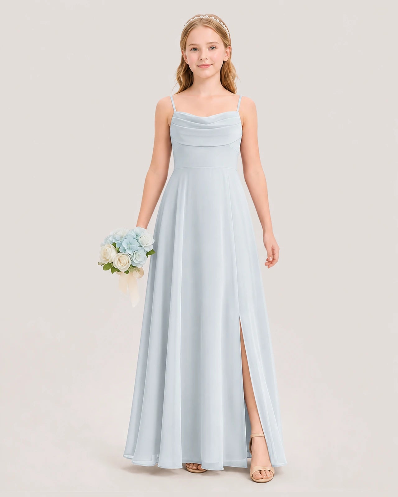 Dideyttawl Cowl Neck Chiffon Junior Bridesmaid Dress with Side Slit and Back Bow