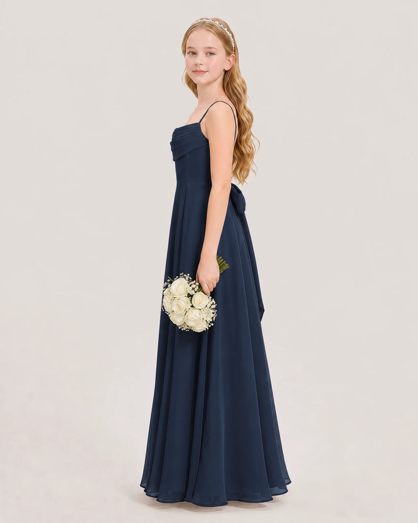 Navy Blue Chiffon Pleated Junior Bridesmaid Dresses Side View
