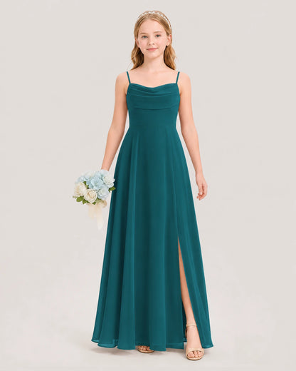 Dideyttawl Cowl Neck Chiffon Junior Bridesmaid Dress with Side Slit and Back Bow