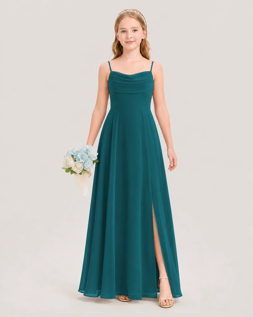 Peacock Chiffon Cowl Neck Junior Bridesmaid Dresses Front View