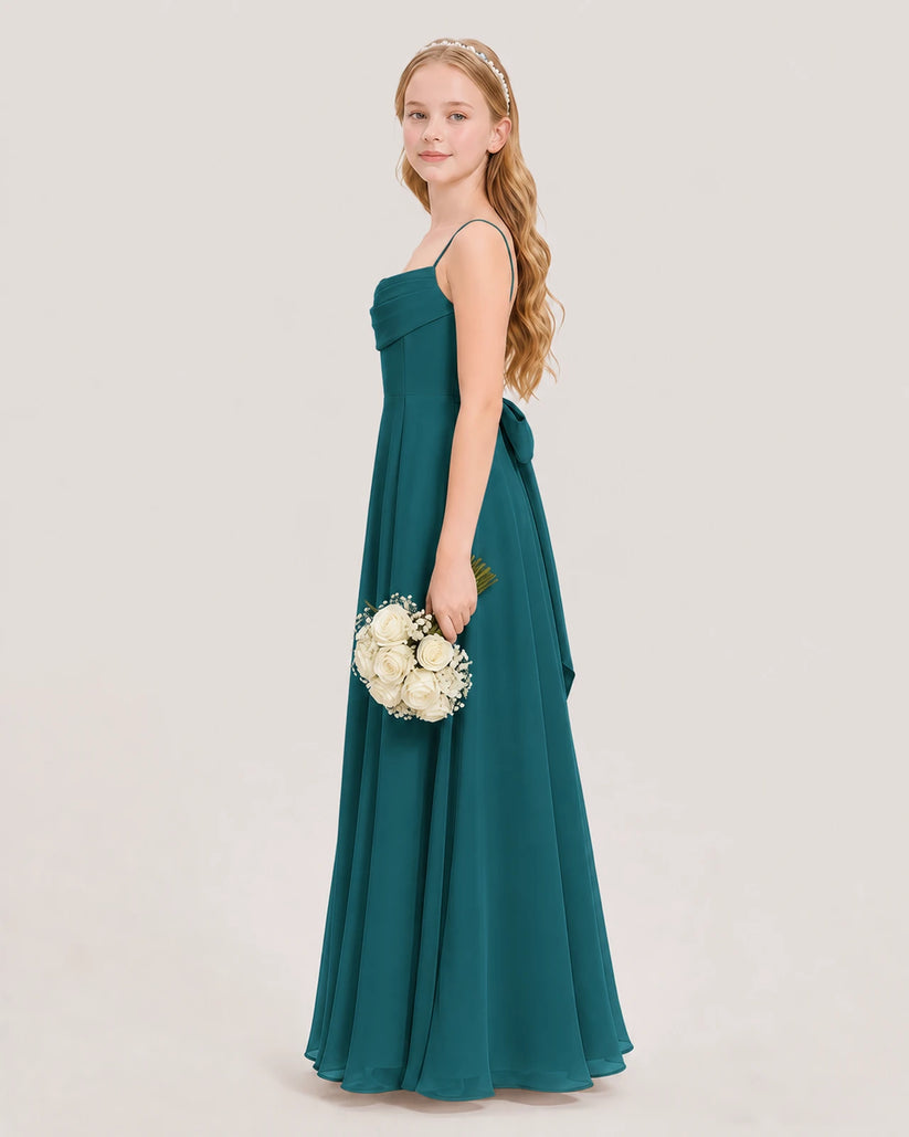 Peacock chiffon spaghetti strap junior bridesmaid dresses side view