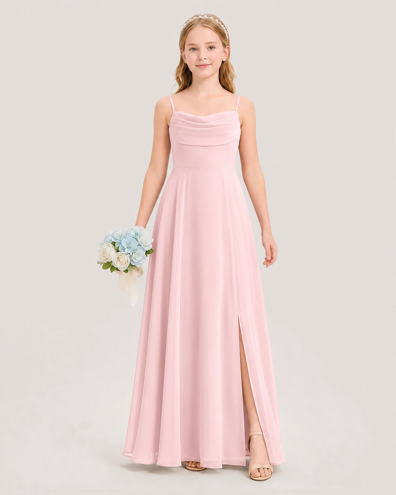 Dideyttawl Cowl Neck Chiffon Junior Bridesmaid Dress with Side Slit and Back Bow