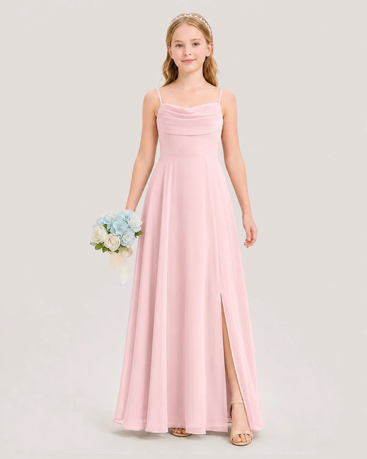 Pink Chiffon Cowl Neck Junior Bridesmaid Dresses Front View
