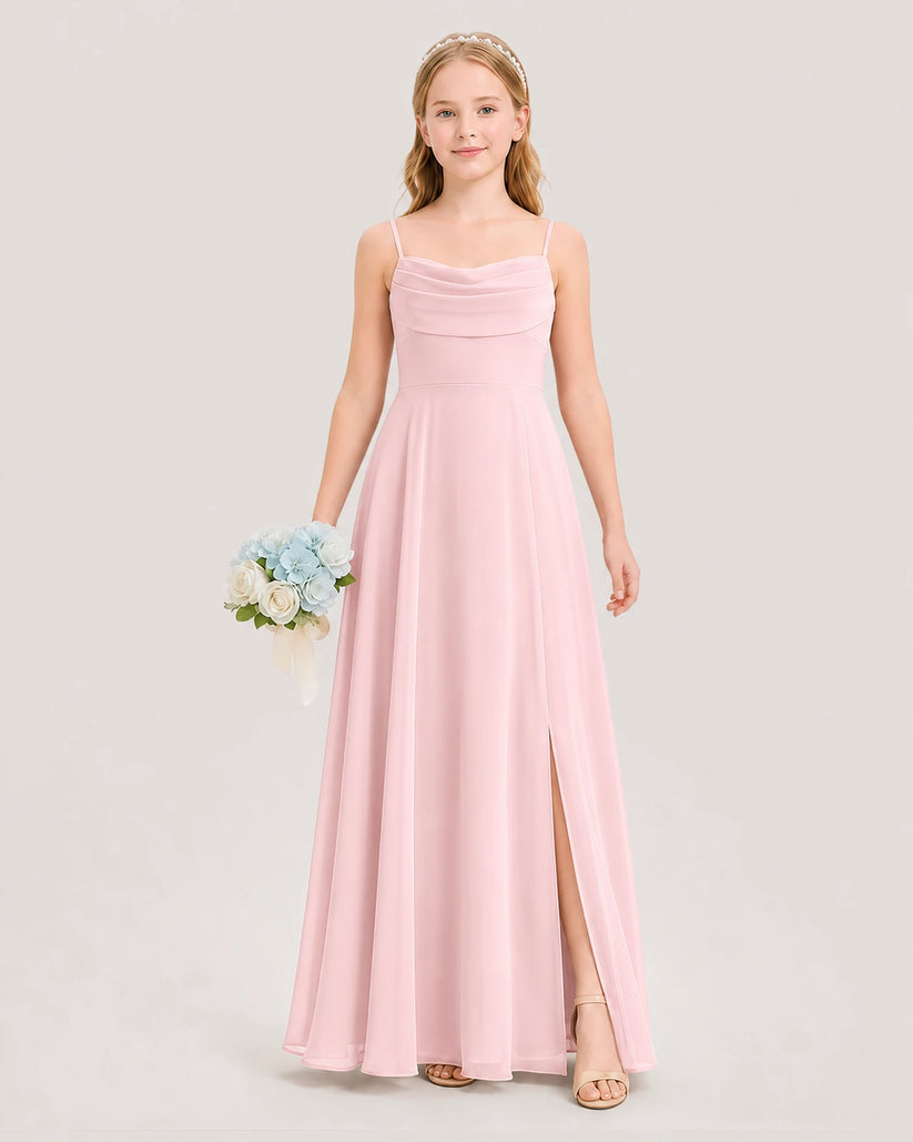 Pink Chiffon Cowl Neck Junior Bridesmaid Dresses Front View